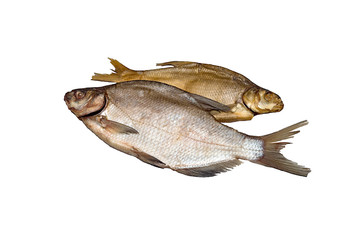 Two fish bream, one dried salted,other salted, cold smoked. Isolate on white background.