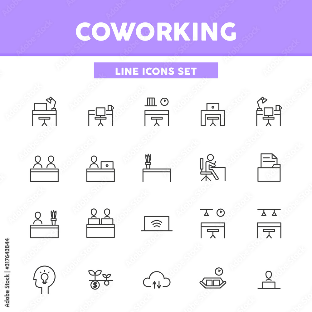 Poster coworking simple set line icons.vector illustration symbol elements for web design.