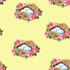 Watercolor Easter pattern. . Endless pattern with bird nest. Festive spring mood