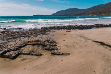 view of the Tessalated Pavement in Eaglehack Neck in the Tasman Peninsula in Tasmania