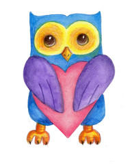Watercolor cartoon blue owl with pink heart.
