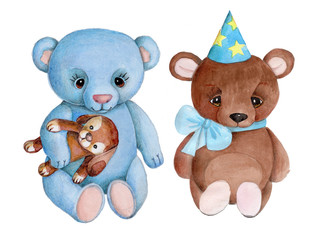 Two cute cartoon teddy bears, blue and brown, sitting. Watercolor, hand drawn, isolated.