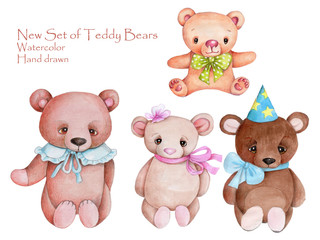Cute adorable teddy bears,watercolor set, clipart, collection, isolated on white background.