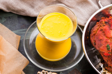 Mango Lassi, yogurt or smoothie. Healthy probiotic Indian popular summer drink