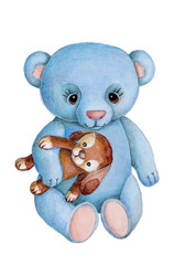 Cute cartoon blue teddy bear with toy doggy, sitting. 