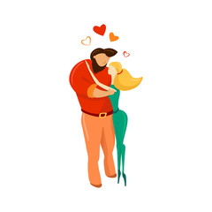 Hand drawn Valentines day illustration with young romantic guy hugging beautiful slim girl. Isolated vector abstract couple of people on white background. Contrasting colors. Brightful card. 