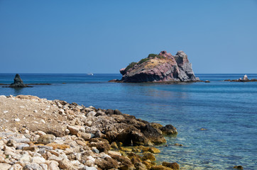 Fototapeta na wymiar The view of the blue Takkas bay with Aphrodite's Rock. Akamas Peninsula. Cyprus