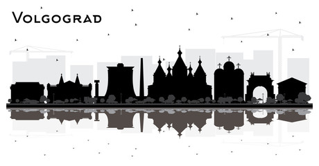 Volgograd Russia City Skyline Silhouette with Black Buildings and Reflections Isolated on White.