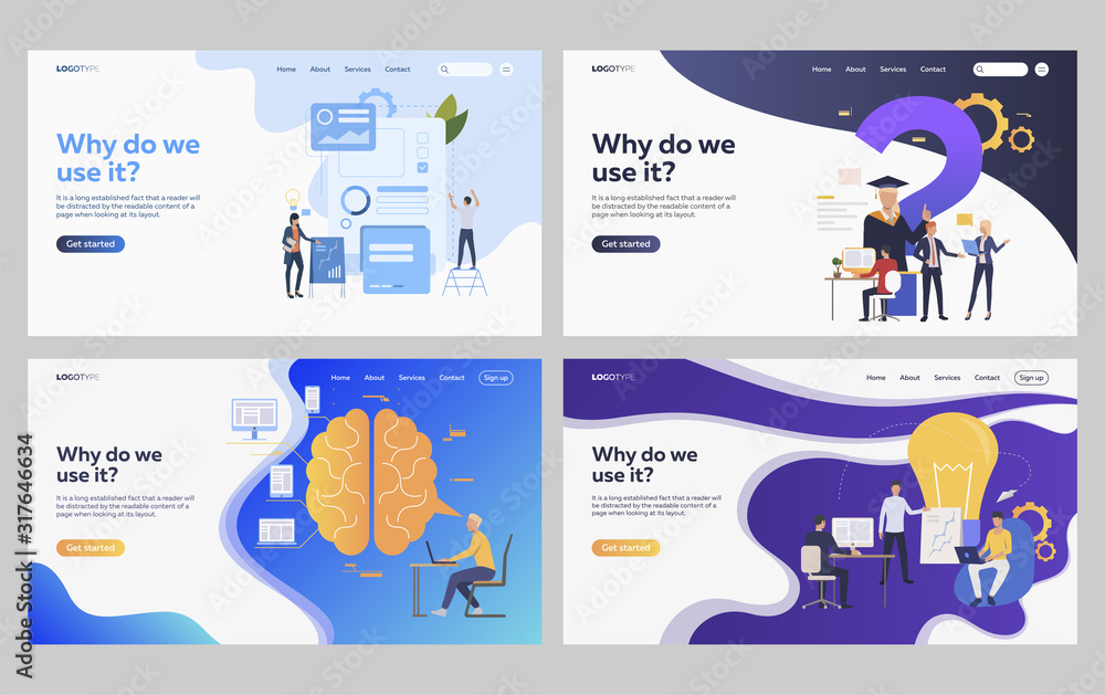 Poster set of business people developing digital project. flat vector illustrations of students making rese