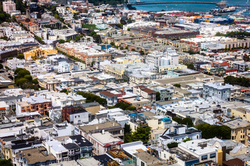 Aerial view of city of San Francisco downtown near Golden Gate Bridge