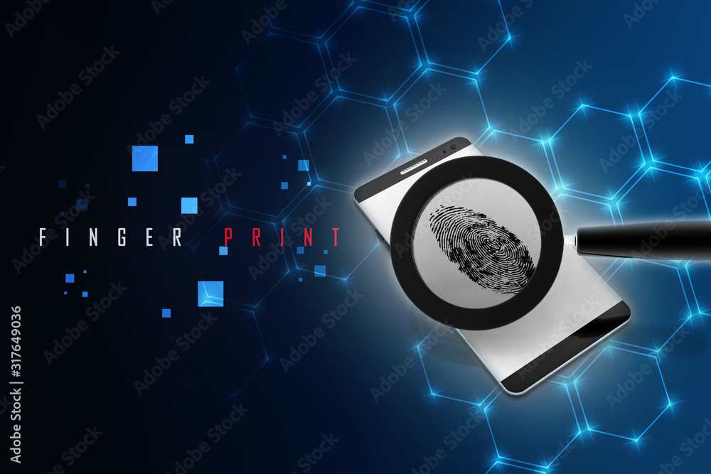 Poster 3d rendering fingerprint and magnify glass with mobile phone