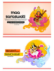 Easy to edit vector illustration of Goddess Saraswati for Vasant Panchami Puja the festival of india with colourful background with hindi text meaning vasant panchami