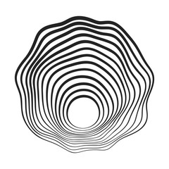 Black concentric curved lines that makes a round abstract organic shape. Halftone lines with different thickness.
