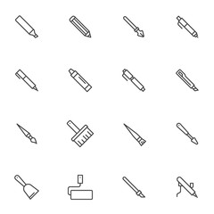 Graphic design tool line icons set. linear style symbols collection, outline signs pack. vector graphics. Set includes icons as pen tool, knife, painting roller, paint brush, pencil, felt-tip pen
