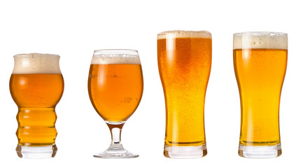 Set of glasses with wheat light India Pale Ale beer with foam isolated on white background