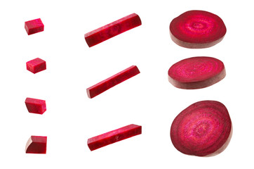 Beet slices. Half of ripe raw beetroot and slices isolated on white background