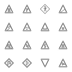 Road traffic signs line icons set. linear style symbols collection, outline signs pack. vector graphics. Set includes icons as crosswalk, pedestrian crossing, slippery road, side wind, road narrows