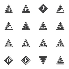 Road traffic signs vector icons set, modern solid symbol collection filled style pictogram pack. Signs logo illustration. Set includes icons as crosswalk, pedestrian crossing, slippery road, side wind