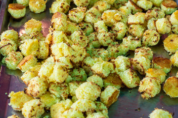 Candy Reckless or Coconut pancake traditional thai dessert in Ang Thong Thailand local market