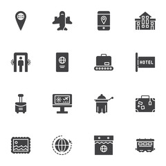 Travel vector icons set, modern solid symbol collection, filled style pictogram pack. Signs, logo illustration. Set includes icons as plane, security post, luggage, travel bag, passport document