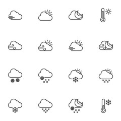 Weather clouds line icons set. linear style symbols collection, Meteorology forecast outline signs pack. vector graphics. Set includes icons as cloudy, partly, sunny, snowy, snowflake, thermometer - obrazy, fototapety, plakaty