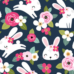 Seamless vector pattern with cute white rabbits on floral background. Perfect for textile, wallpaper or print design. 