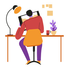 Illustrator or designer drawing on tablet or pad, isolated character