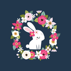 Cute white rabbit in summer floral wreath on dark blue background. Perfect for tee shirt logo, greeting card, poster, invitation or print design. 