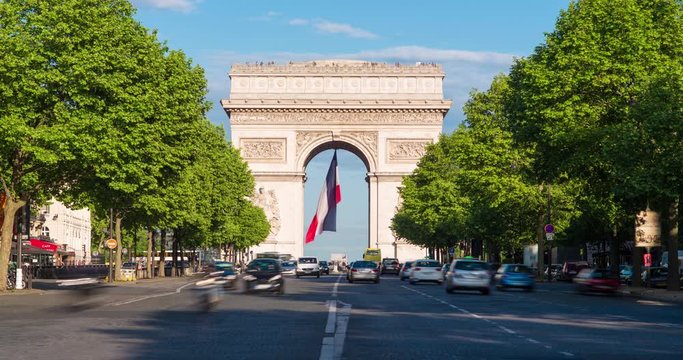 France, Paris, Etoile, French flag under Arc de Triomphe built by Napoleon - Time lapse