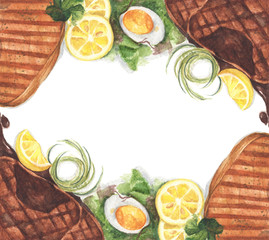 Grilled beef steaks and salad with boiled eggs on white background, Top view with copy space for your text. Flat lay. Watercolor illustration.