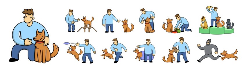 Cartoon man training his funny dog, dog agility exercise. Man and dog playing. Dog chasing a criminal. Set of flat cartoon characters. Colored flat vector illustration. Isolated on white background.