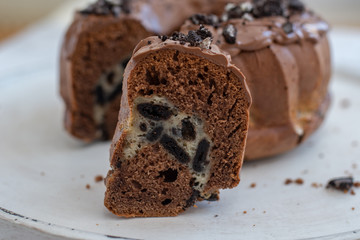 home made Chocolate Oreo Bundt Cake on a table