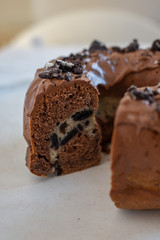 home made Chocolate Oreo Bundt Cake on a table