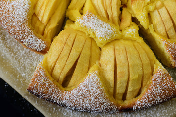 Close-up of a fresh, juicy, homemade apple pie, photographed from above, with powdered sugar on baking paper on a dark plate in the horizontal format