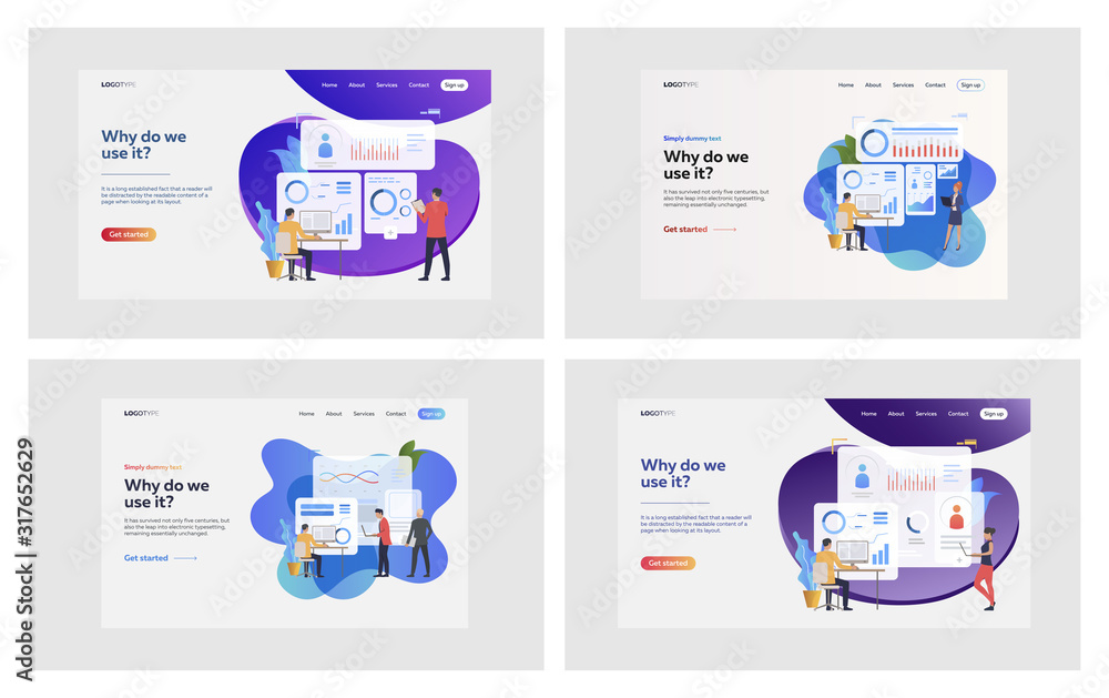 Poster graphs presentation set. professionals analyzing interactive charts, reports. flat vector illustrati