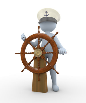 3d man captain sailing a rudder ship steering wheel