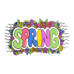 Hand drawn colorful word 'spring'. Doodle leaves and flowers. Vector illustration. EPS 10
