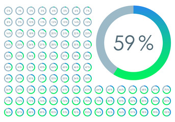 Percentage Pie chart set. From 1 to 100 percent diagram. Circle progress bar for Ui, web and graphic design. Vector illustration.