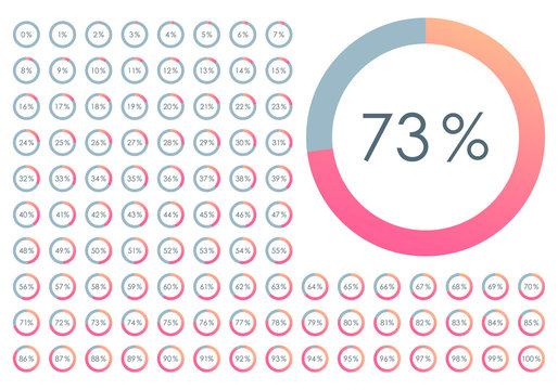Percentage Pie chart set. From 1 to 100 percent diagram. Circle progress bar for Ui, web and graphic design. Vector illustration.