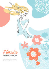 Fashion concept. Woman with long hair. Silhouettes of flowers.