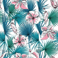 Seamless pattern with image of a Exotic leaves fan palm and a pink  Hibiscus flowers. Vector illustration.