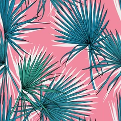 Wall murals Tropical Leaves Seamless pattern with image of a green Fan palm leaves on a pink background. Vector illustration.