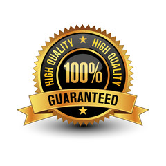 Powerful golden and black 100% high quality guaranteed badge/seal/stamp, isolated on white background.