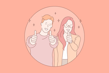 Smiling young couple, good mood concept. Positive emotions, happy people, boyfriend and girlfriend showing thumb up, mirth and gladness, cheerful facial expression. Simple flat vector