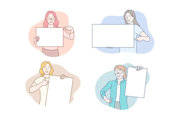 Girls holding empty posters concept. Young smiling women showing white blank pieces of paper, advertisement banners, promotion templates, placard with text place. Simple flat vector