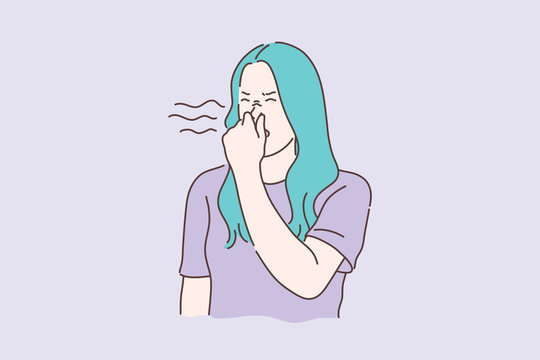 Stink, smell, disgust concept. Young unhappy dissatisfied woman covers nose with hands, showing disgust. Disappointed unhappy girl feels disgust because of awful smell and stink. Simple flat vector
