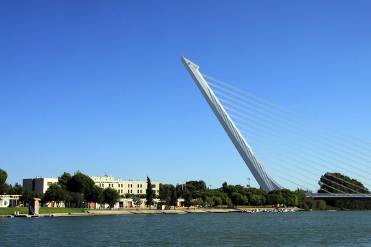 The Puente del Alamillo was crossing the Guadalquivir river in Seville.The bridge was built to connect with the large and deserted island of Cartuja in 1992.