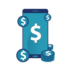 Vector financial mobile phone icon. The smartphone is blue with a Dollar currency sign on the screen