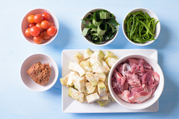 Food ingredients for making Kaeng Khanun-on (Curry Young Jackfruit), Northern Thai local food