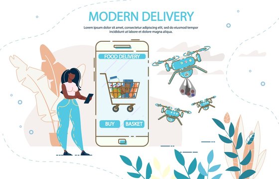 Modern Drone Food Delivery. Woman Customer Ordering Buying Fresh Healthy Meal Basket Via Mobile Application On Smartphone. Quadrocopters Service For Fast Aircraft Groceries Transportation